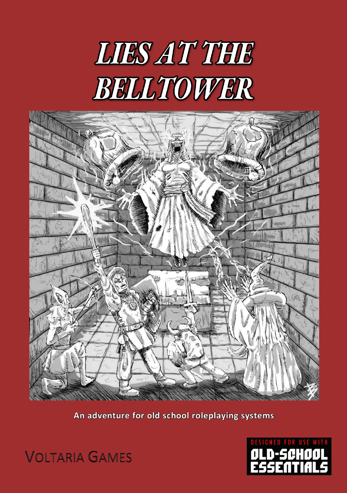 Cover Art for the belltower if lies, featuring an adventurer group fighting a ghost, surrounded by flames and and two floating bells.